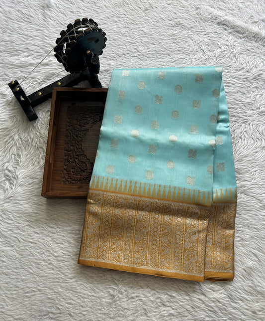 Venkatagiri Pattu Saree Sky Blue Complemented With a Mustard Color Zari Border. - Sampradaya Designer Studio