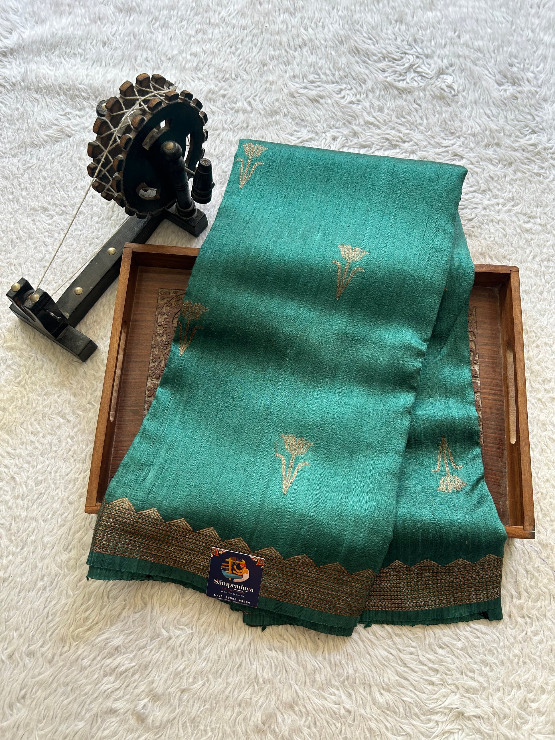 Sea Blue Banarasi Raw Silk Saree with Gold Zari Border — Pure Handloom | Silk Mark Certified - Sampradaya Designer Studio