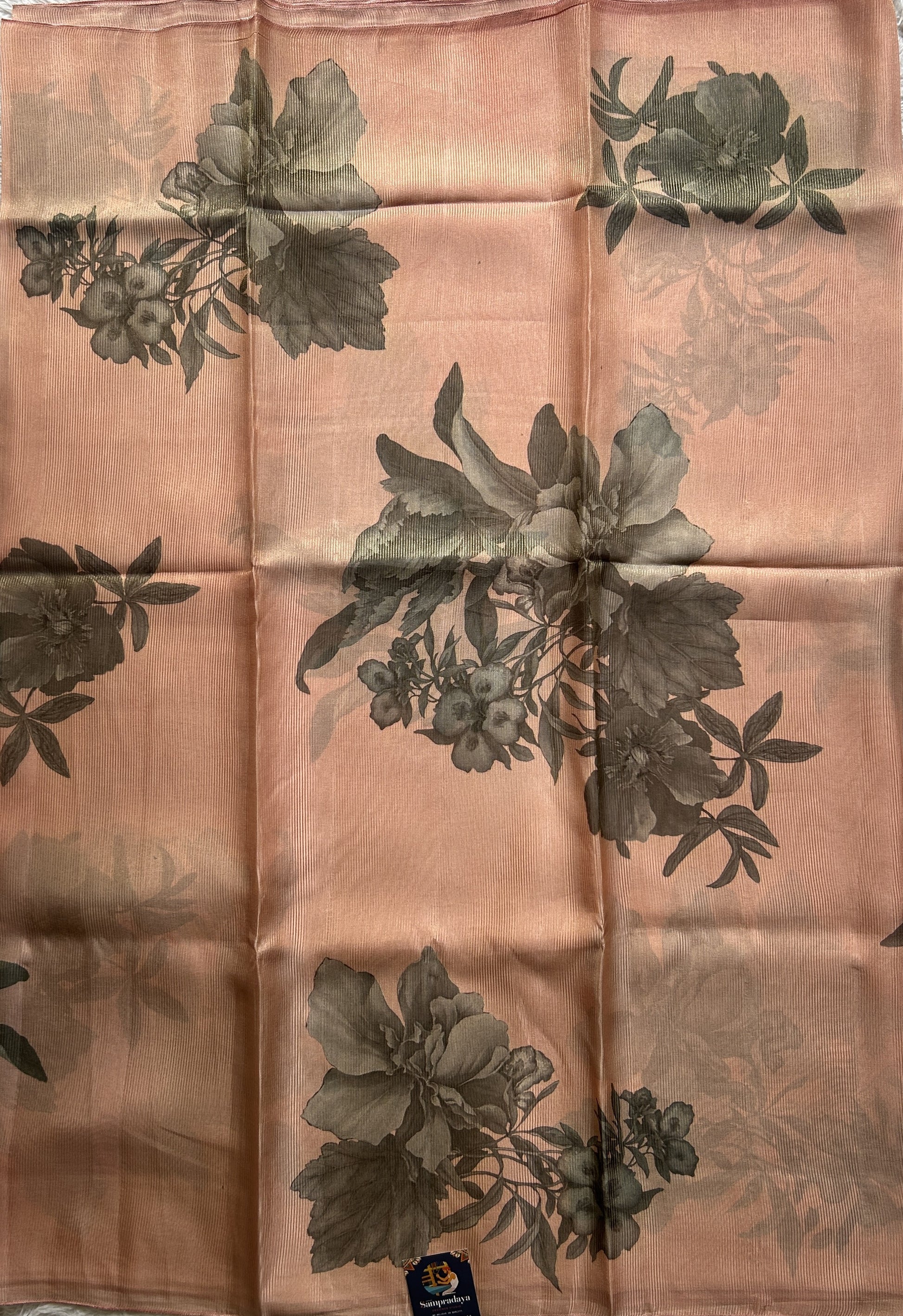 Banarasi Fancy Kota Peach Colored Borderless Saree Complemented With Digital Print. - Sampradaya Designer Studio