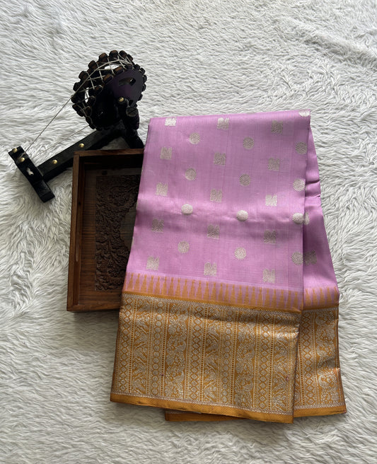 Venkatagiri Pattu Saree Baby Pink Complemented With a Mustard Color Zari Border. - Sampradaya Designer Studio