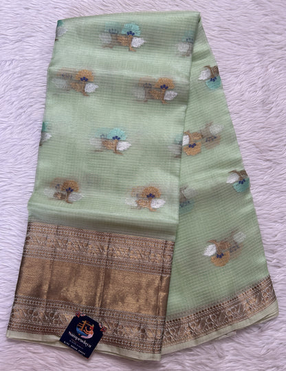 Silk kota Saree Green color complemented with a Gold Zari Weaving Border. - Sampradaya Designer Studio