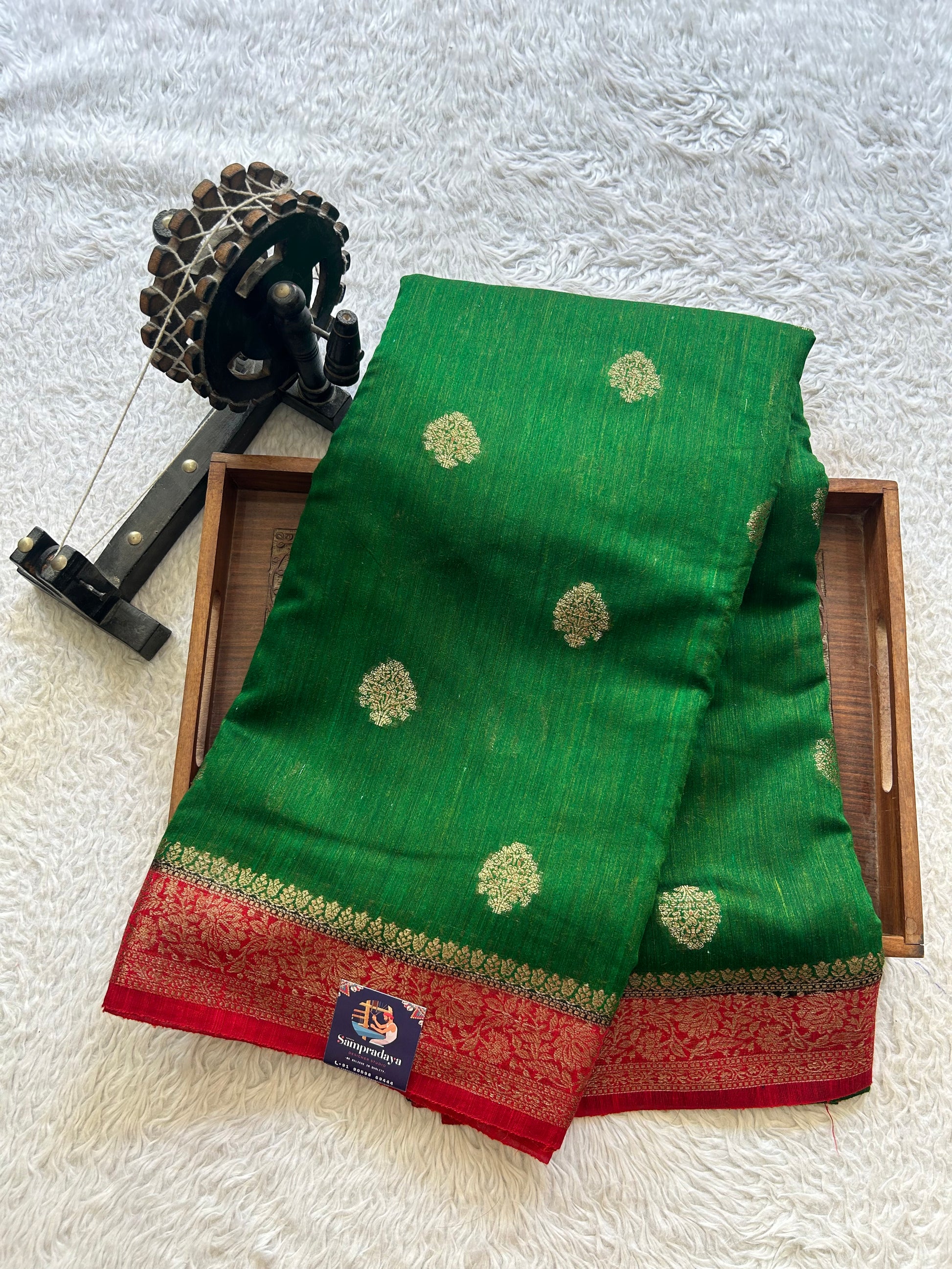 Green Banarasi Raw Silk Saree with Gold Zari Border — Pure Handloom | Silk Mark Certified - Sampradaya Designer Studio