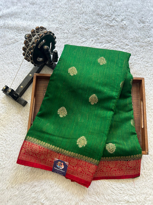 Green Banarasi Raw Silk Saree with Gold Zari Border — Pure Handloom | Silk Mark Certified