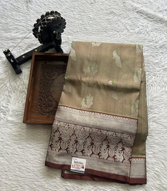 Venkatagiri Pattu Saree Olive Green Complemented With a Brown Color Zari Border. - Sampradaya Designer Studio
