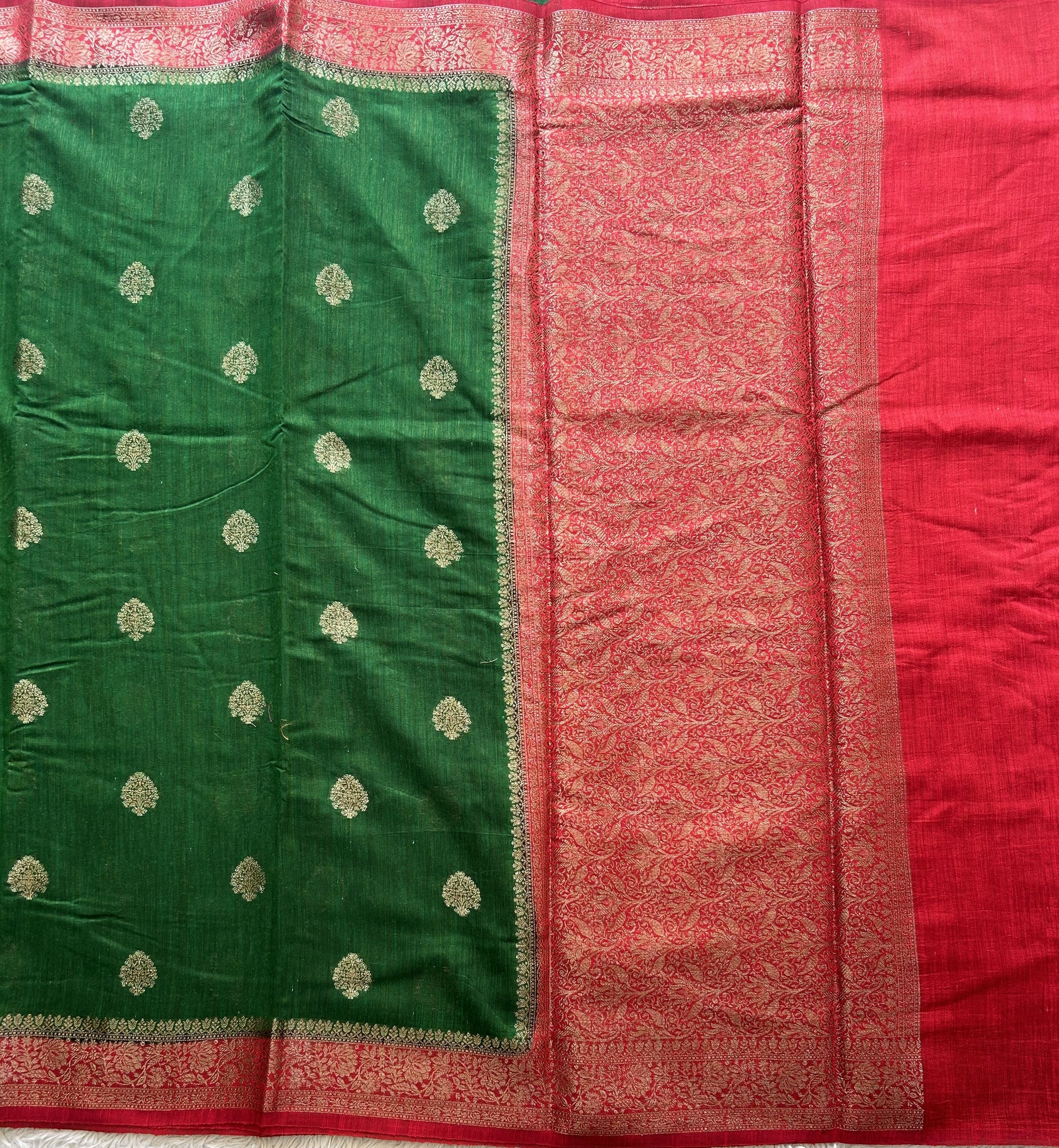 Green Banarasi Raw Silk Saree with Gold Zari Border — Pure Handloom | Silk Mark Certified - Sampradaya Designer Studio