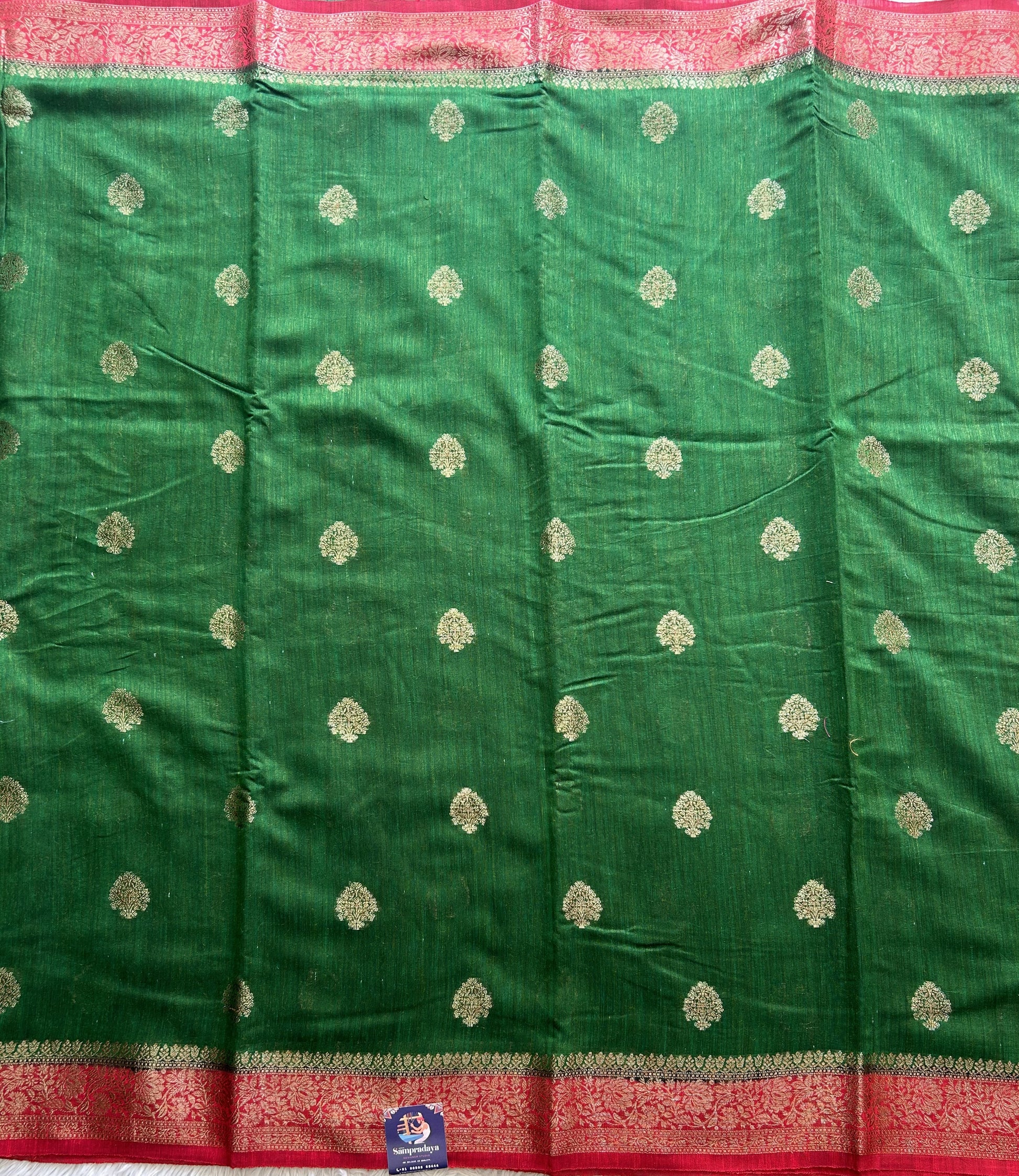 Green Banarasi Raw Silk Saree with Gold Zari Border — Pure Handloom | Silk Mark Certified - Sampradaya Designer Studio