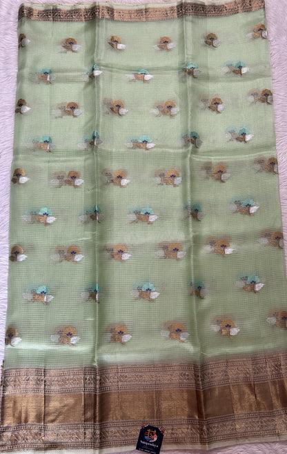 Silk kota Saree Green color complemented with a Gold Zari Weaving Border. - Sampradaya Designer Studio
