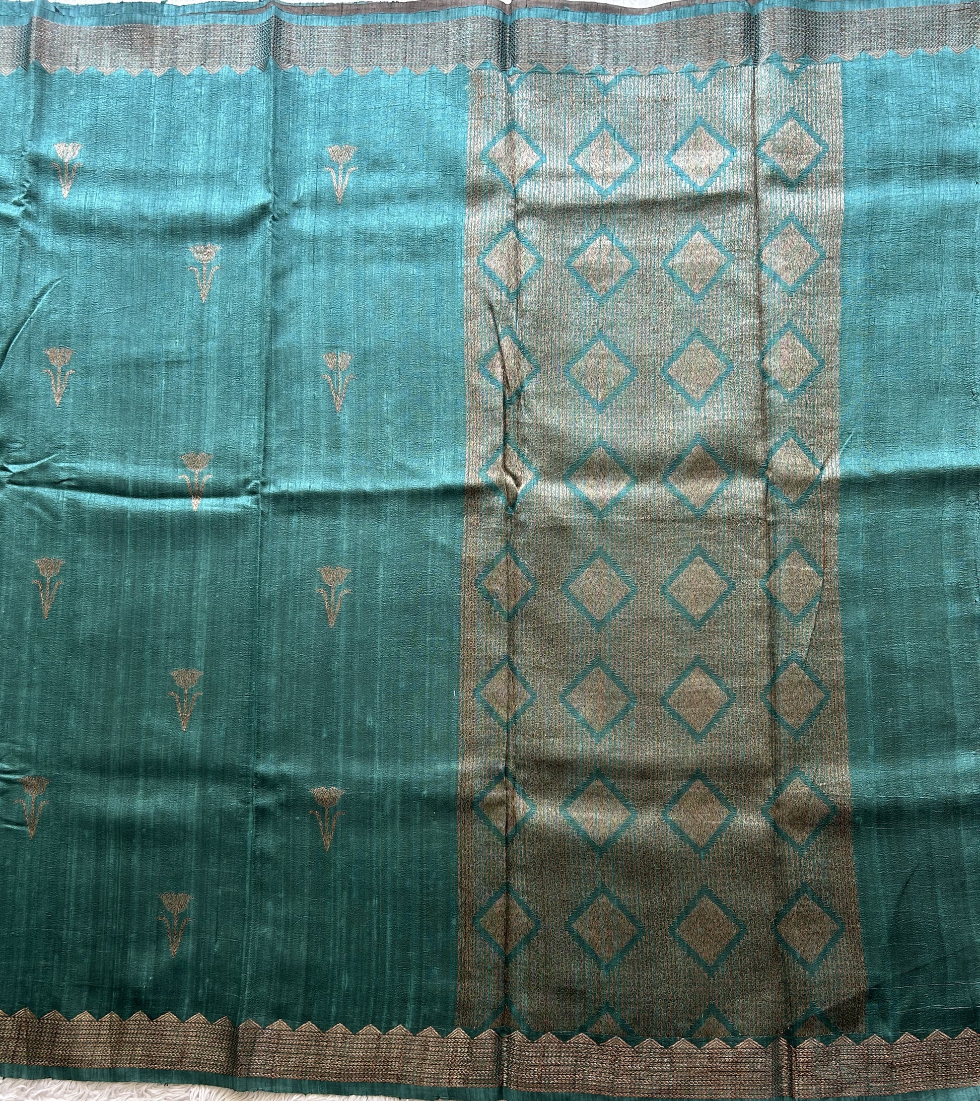 Sea Blue Banarasi Raw Silk Saree with Gold Zari Border — Pure Handloom | Silk Mark Certified - Sampradaya Designer Studio