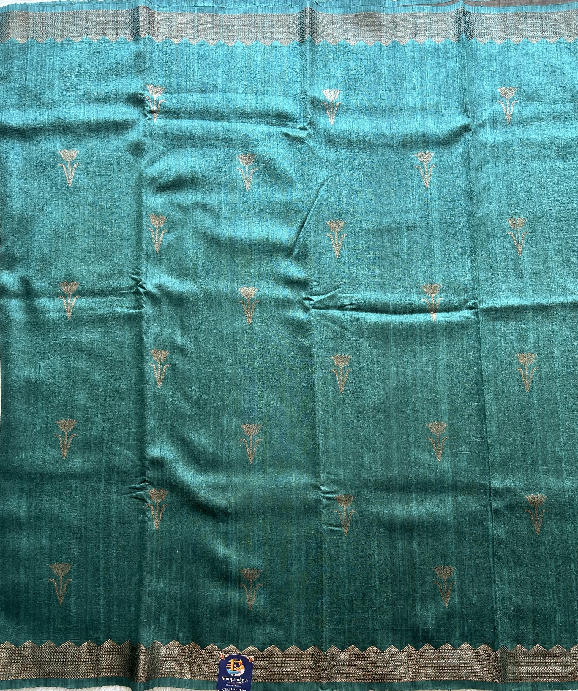 Sea Blue Banarasi Raw Silk Saree with Gold Zari Border — Pure Handloom | Silk Mark Certified - Sampradaya Designer Studio