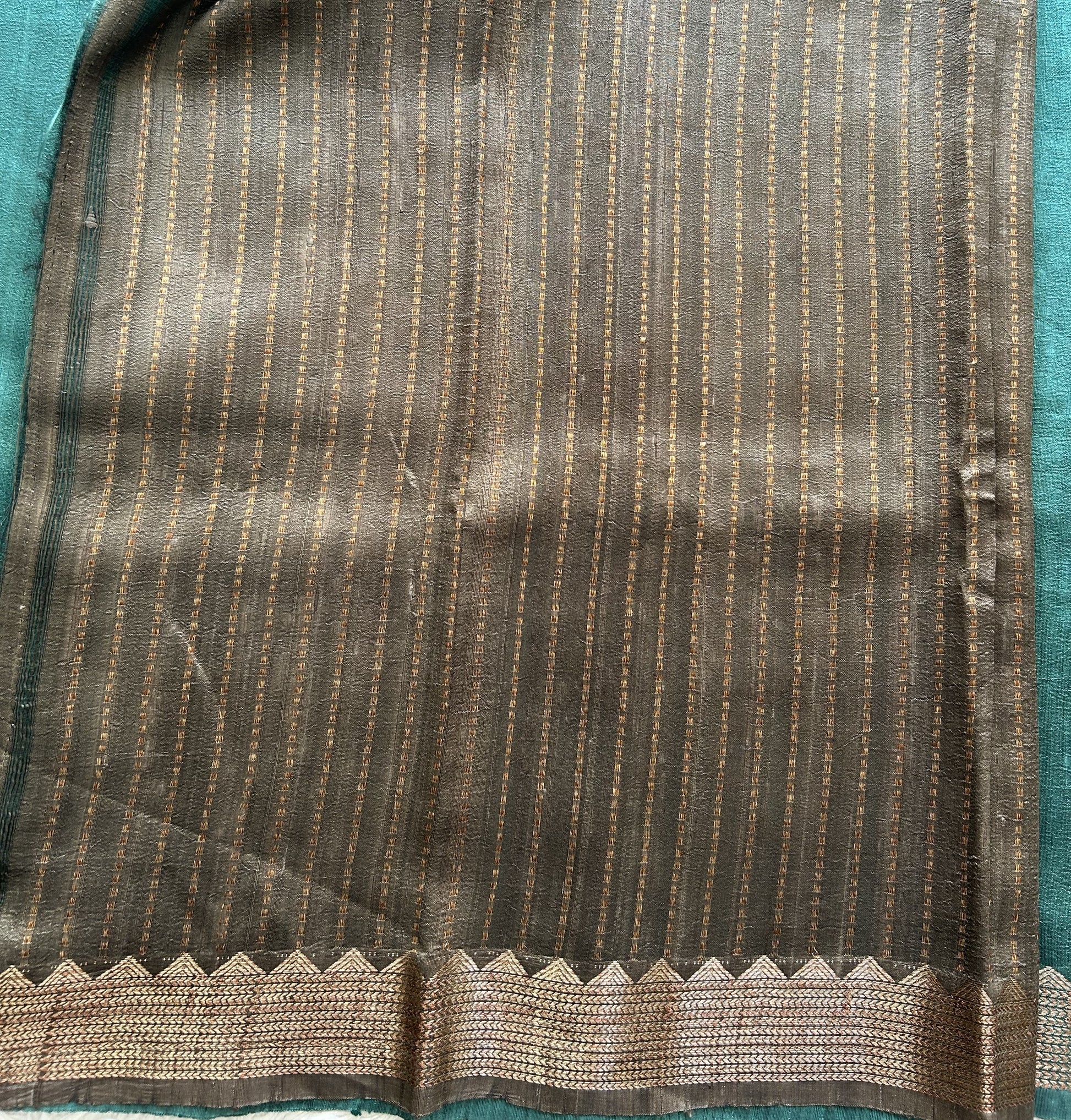 Sea Blue Banarasi Raw Silk Saree with Gold Zari Border — Pure Handloom | Silk Mark Certified - Sampradaya Designer Studio