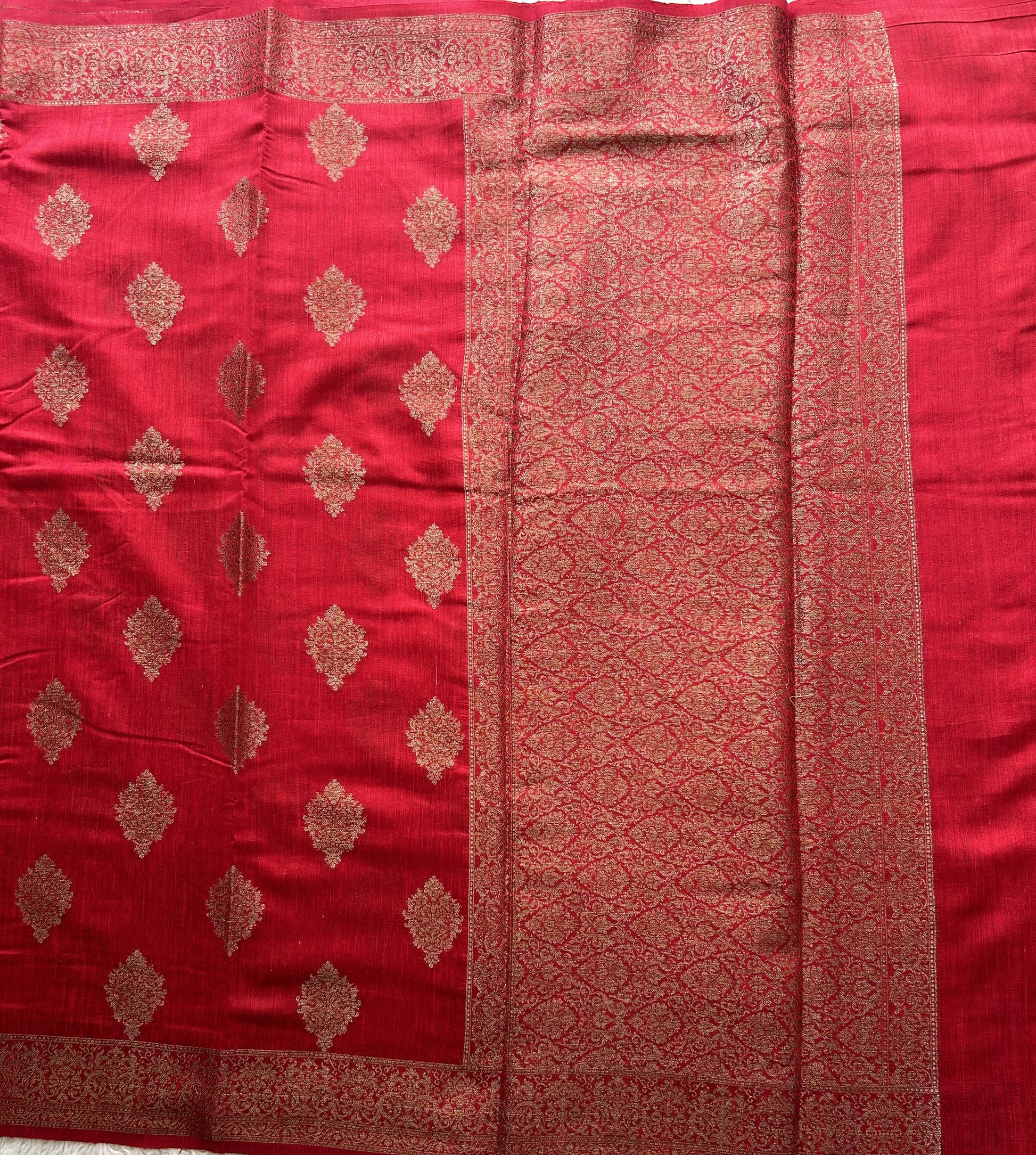 Red Banarasi Raw Silk Saree with Gold Zari Border — Pure Handloom | Silk Mark Certified - Sampradaya Designer Studio