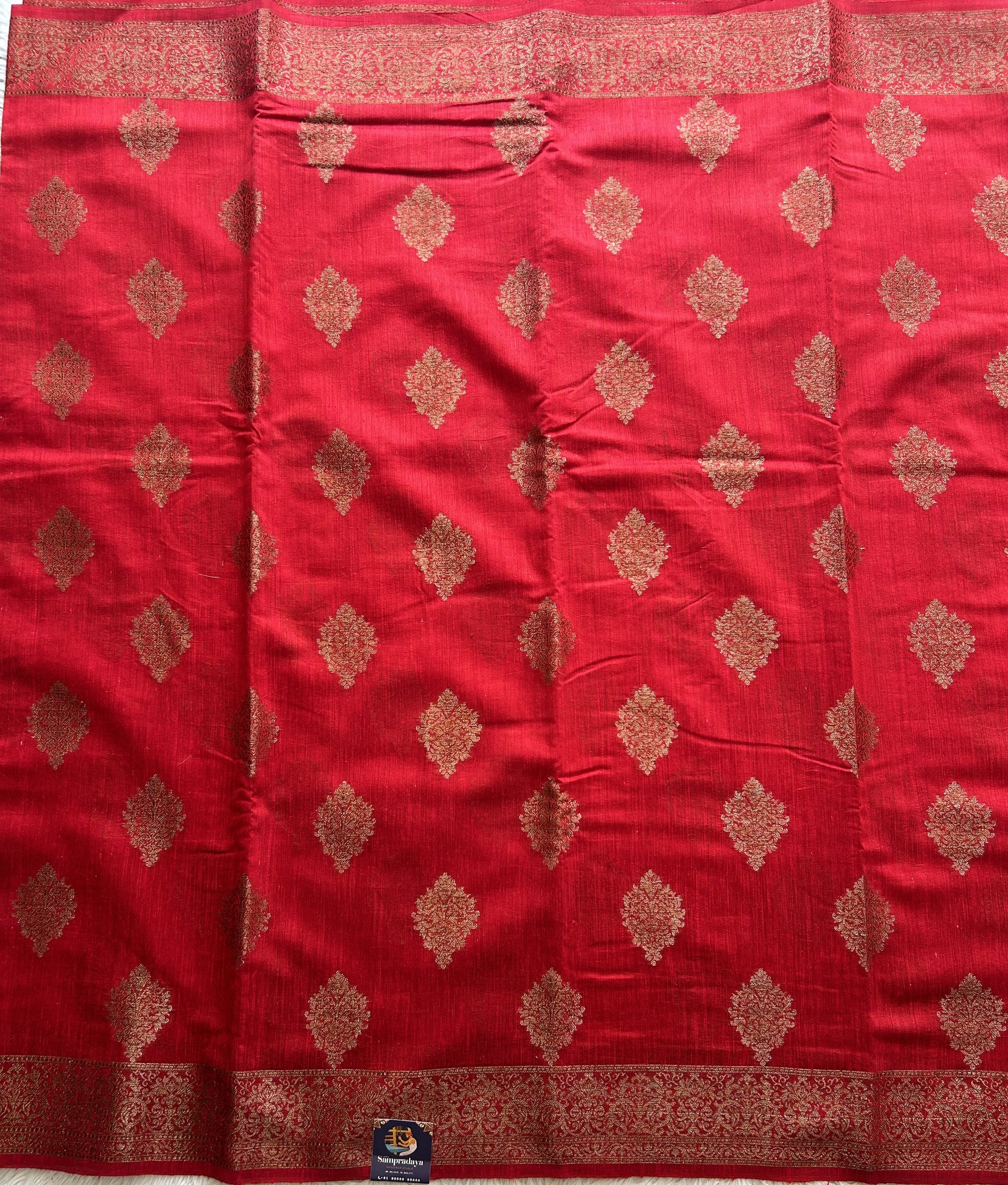 Red Banarasi Raw Silk Saree with Gold Zari Border — Pure Handloom | Silk Mark Certified - Sampradaya Designer Studio