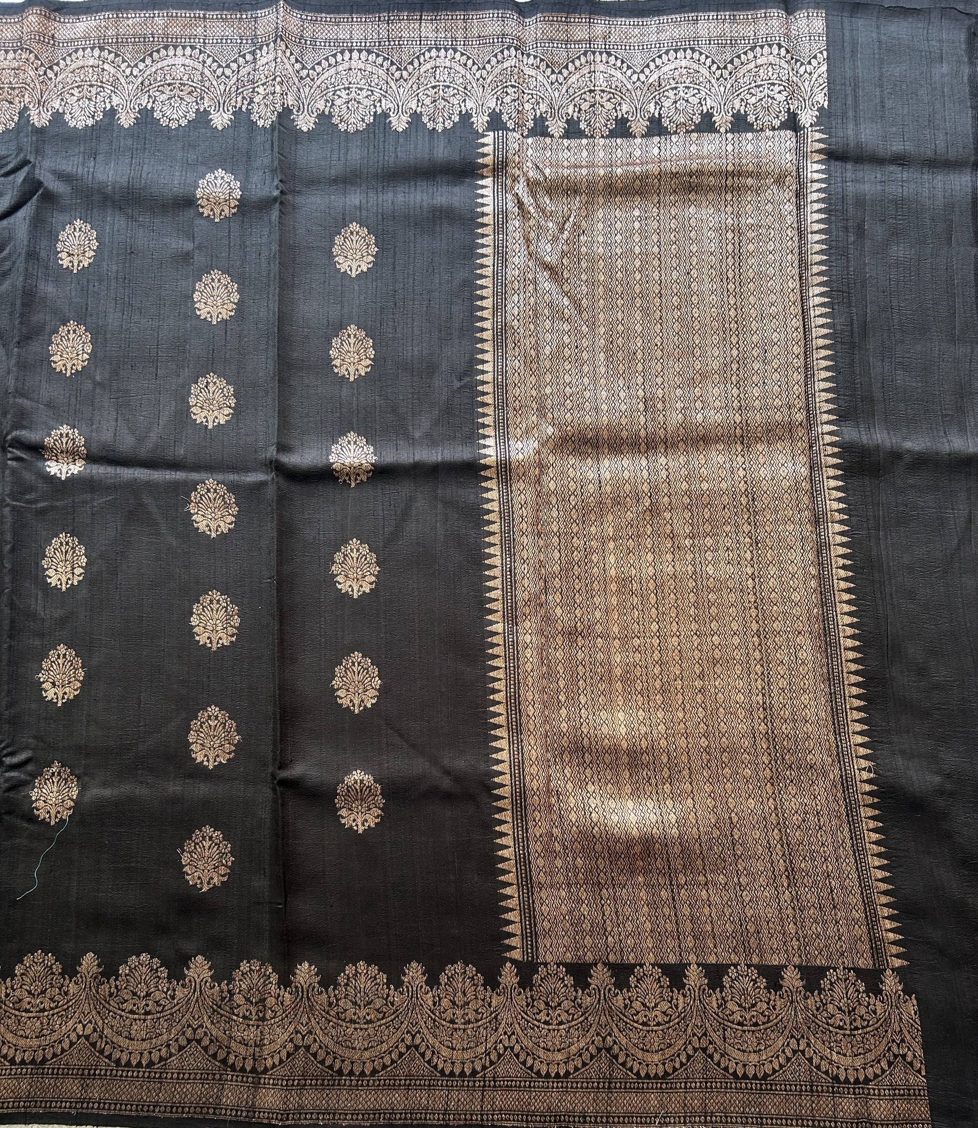 Black Banarasi Raw Silk Saree with Gold Zari Border — Pure Handloom | Silk Mark Certified - Sampradaya Designer Studio