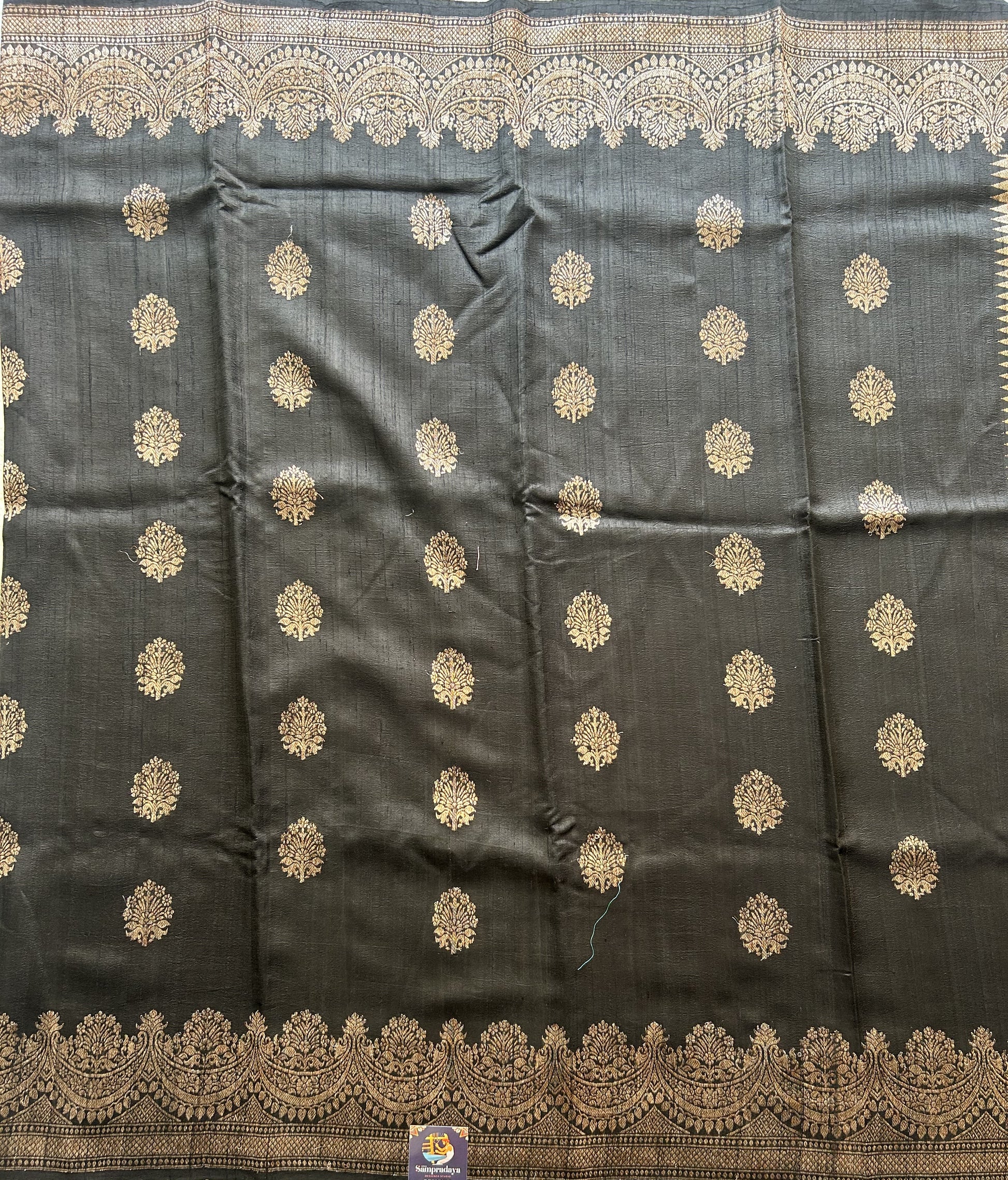 Black Banarasi Raw Silk Saree with Gold Zari Border — Pure Handloom | Silk Mark Certified - Sampradaya Designer Studio