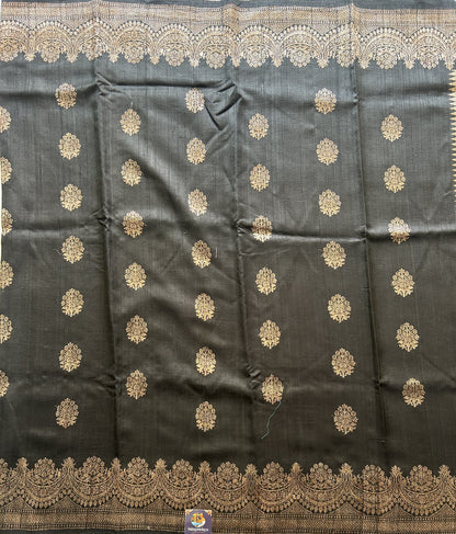 Black Banarasi Raw Silk Saree with Gold Zari Border — Pure Handloom | Silk Mark Certified