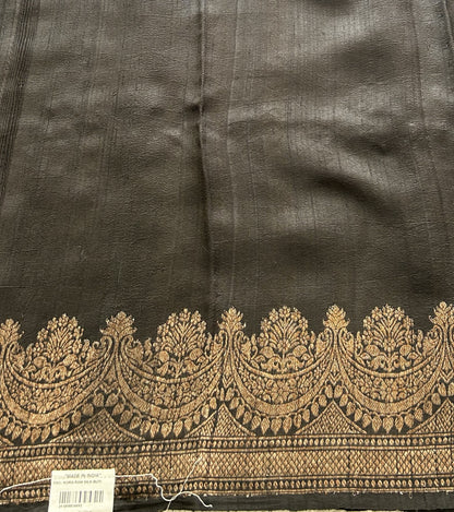 Black Banarasi Raw Silk Saree with Gold Zari Border — Pure Handloom | Silk Mark Certified