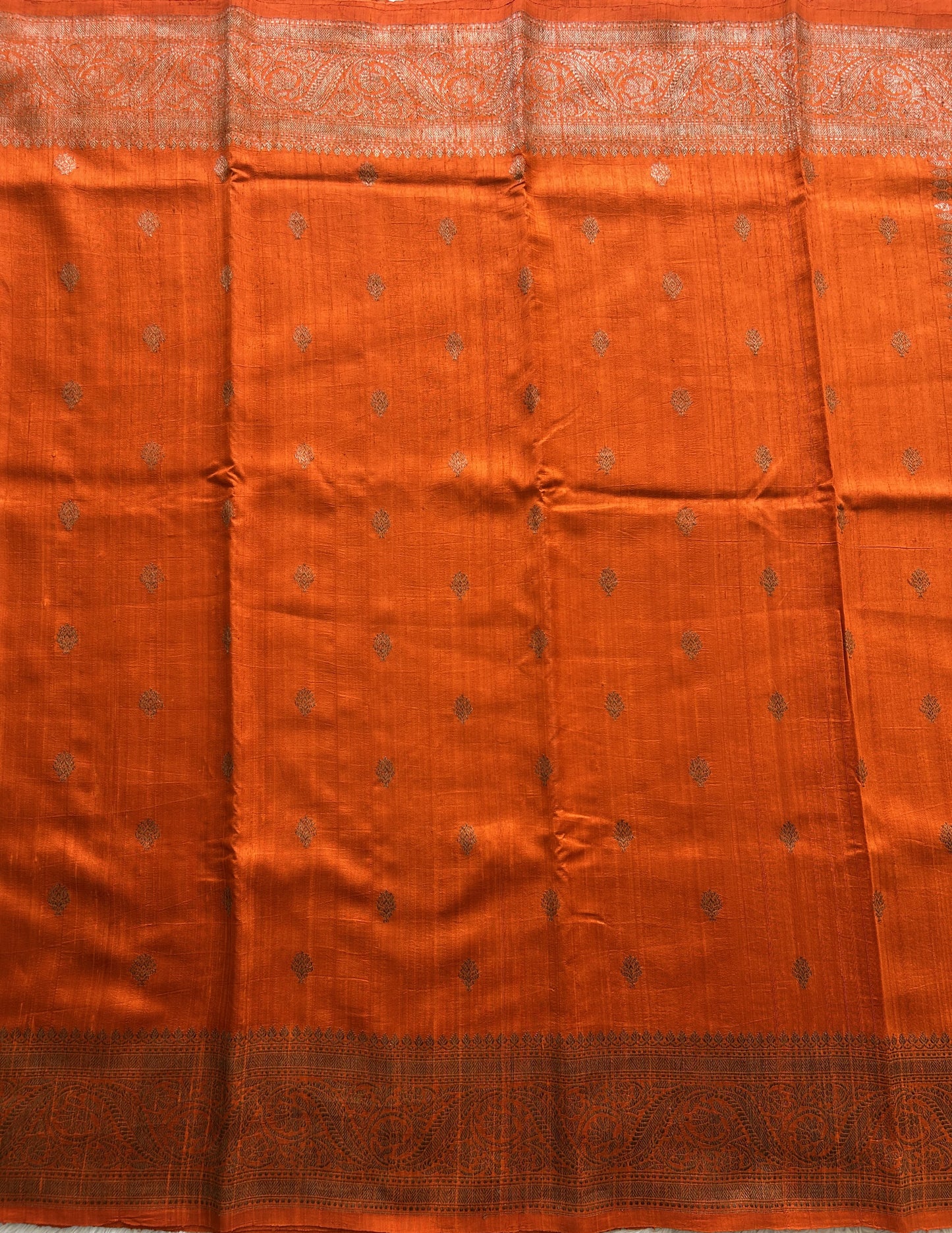 Orange Banarasi Raw Silk Saree with Gold Zari Border — Pure Handloom | Silk Mark Certified - Sampradaya Designer Studio