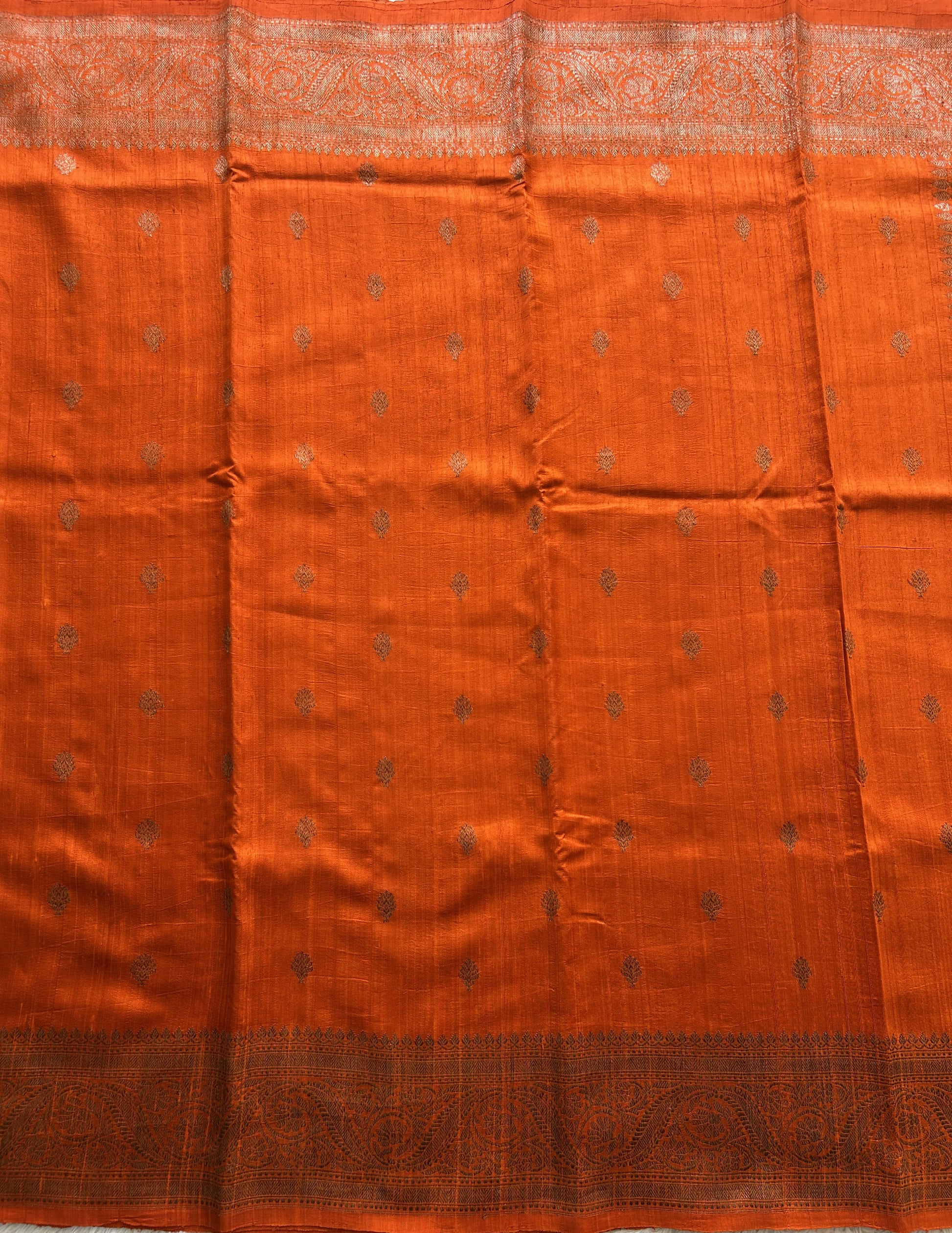 Orange Banarasi Raw Silk Saree with Gold Zari Border — Pure Handloom | Silk Mark Certified - Sampradaya Designer Studio
