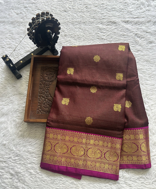 Venkatagiri Pattu Saree Brown Colored Complemented With a Pink Color Zari Border. - Sampradaya Designer Studio