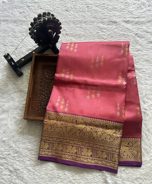 Venkatagiri Pattu Saree Pink Colored Complemented With a Violet Color Zari Border. - Sampradaya Designer Studio