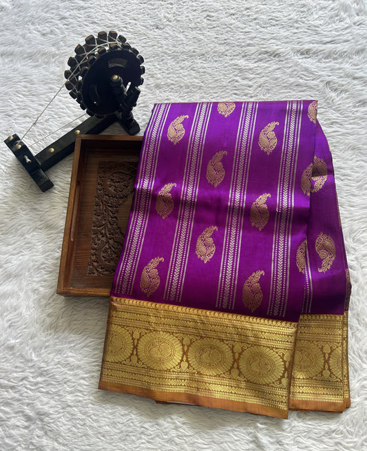 Venkatagiri Pattu Saree Violet Colored Complemented With a Light Apricot Color Zari Border. - Sampradaya Designer Studio
