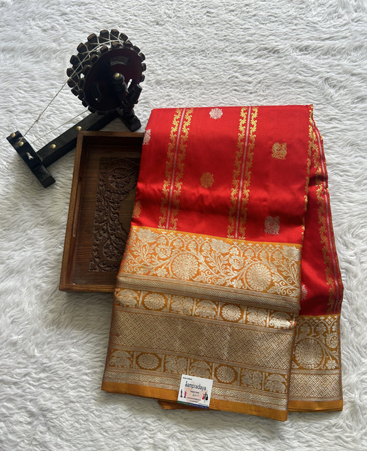 Venkatagiri Pattu Saree Red Colored Complemented With a Mustard Color Zari Border. - Sampradaya Designer Studio