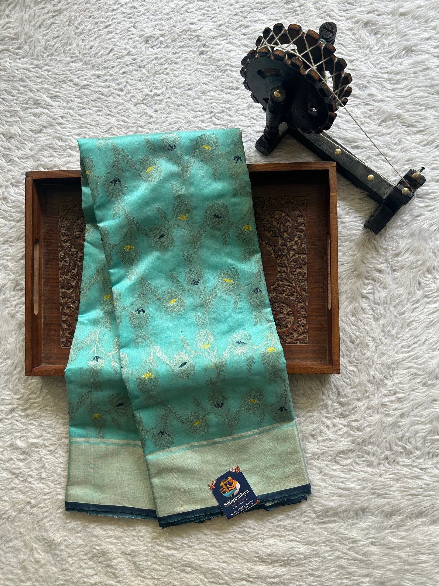 Chanderi Silk Saree Sky Blue colored Elegantly Paired with a Silver Zari border - Sampradaya Designer Studio