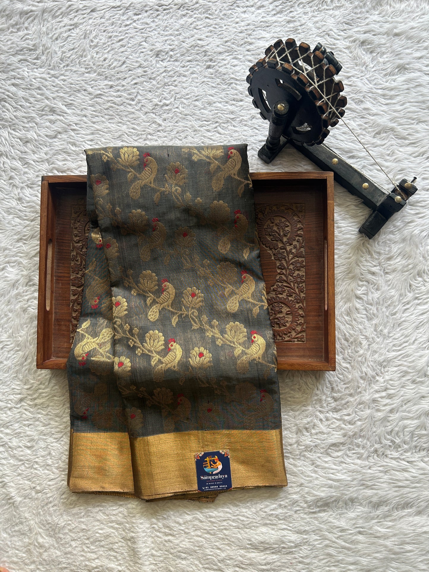 Chanderi Silk Saree Grey Colored Elegantly Paired with a Gold Zari border - Sampradaya Designer Studio