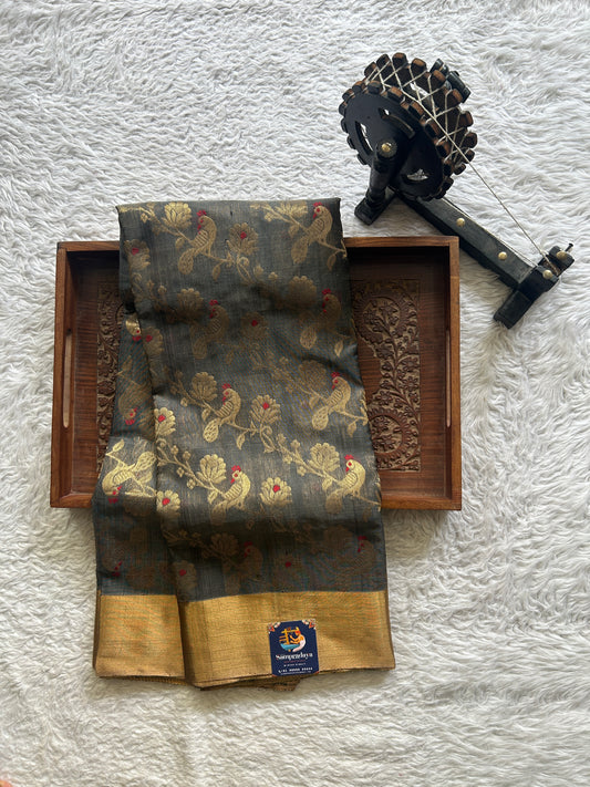 Chanderi Silk Saree Grey Colored Elegantly Paired with a Gold Zari border - Sampradaya Designer Studio