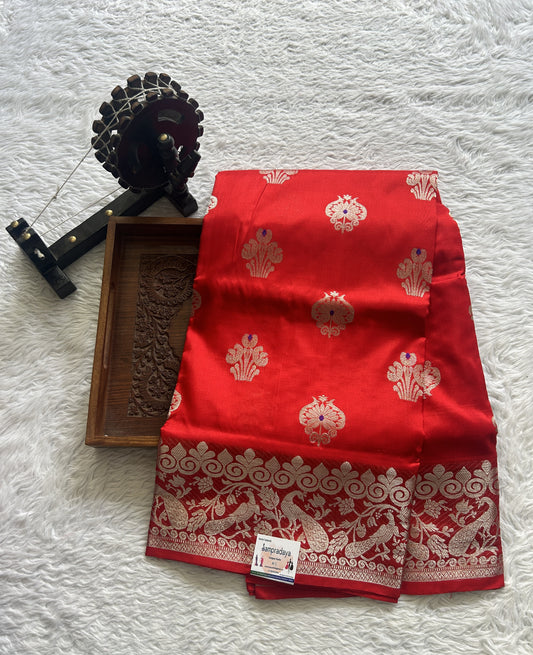 Venkatagiri Pattu Saree Red Colored Complemented With a Zari Border. - Sampradaya Designer Studio