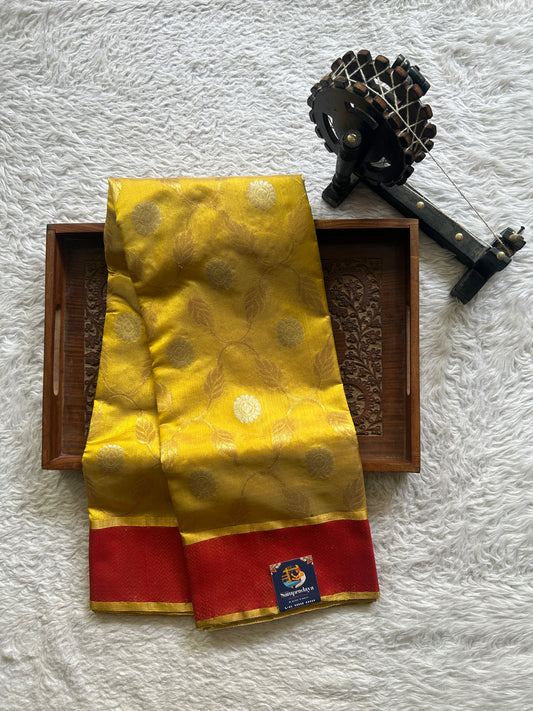 Chanderi Silk Saree Yellow colored Elegantly Paired with a Red Colored with Gold Zari border - Sampradaya Designer Studio