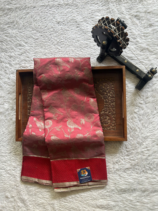 Chanderi Silk Saree Pastel Pink colored Elegantly Paired with a Red Colored with Silver Zari border - Sampradaya Designer Studio