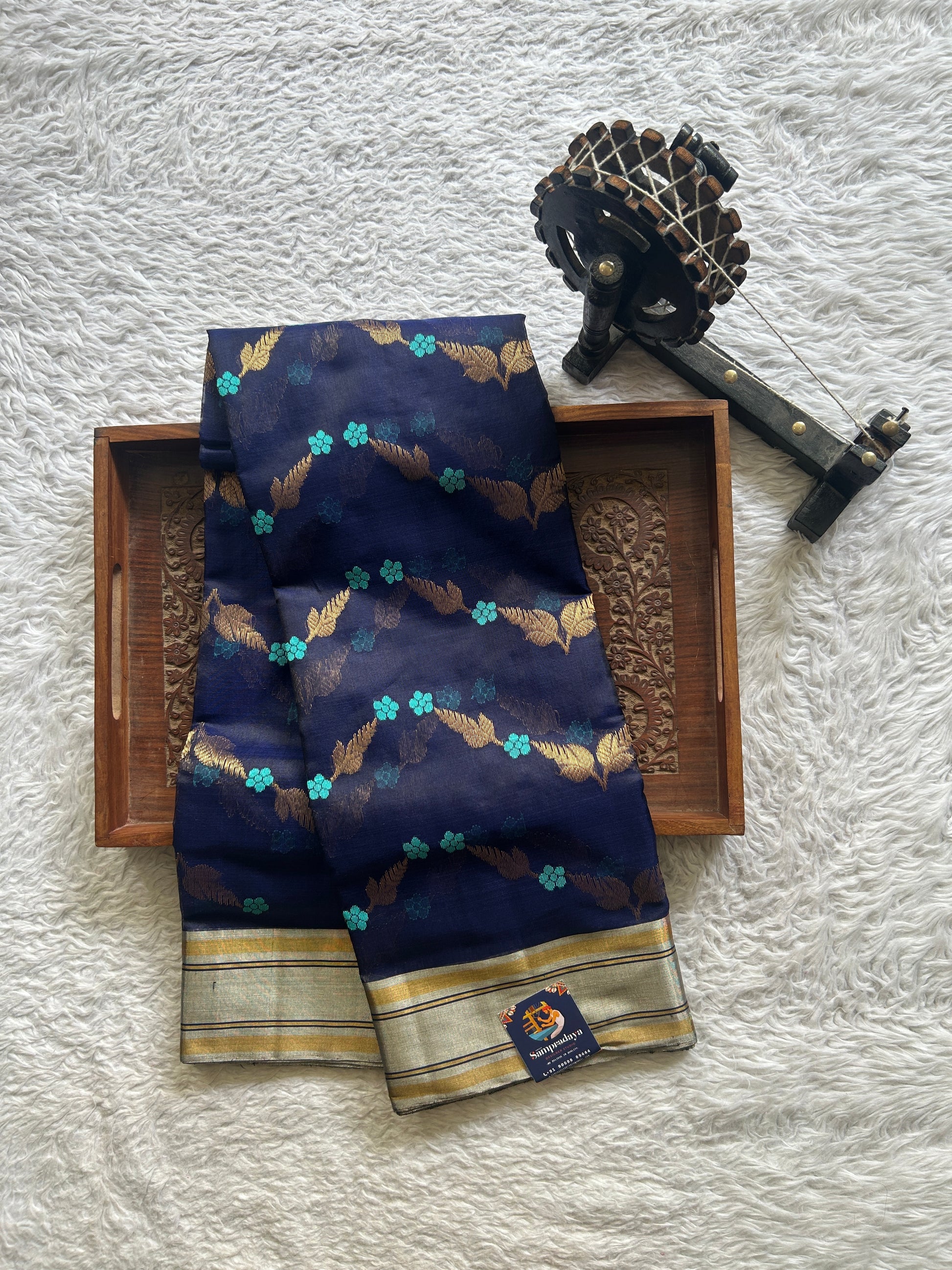 Chanderi Silk Saree Navy Blue colored Elegantly Paired with a Gap border - Sampradaya Designer Studio