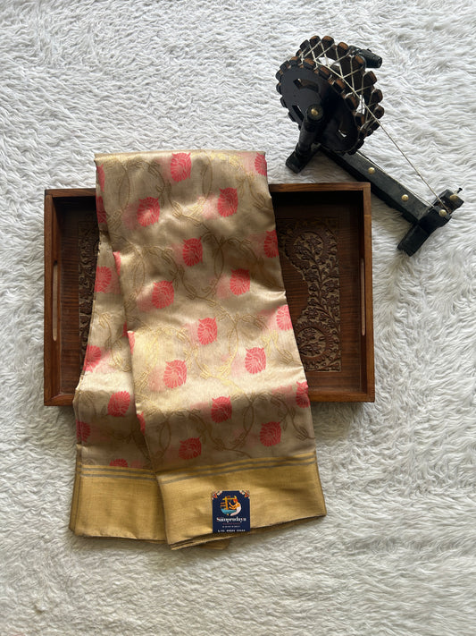 Chanderi Silk Saree Cream color Elegantly Paired with a Gold Zari border - Sampradaya Designer Studio