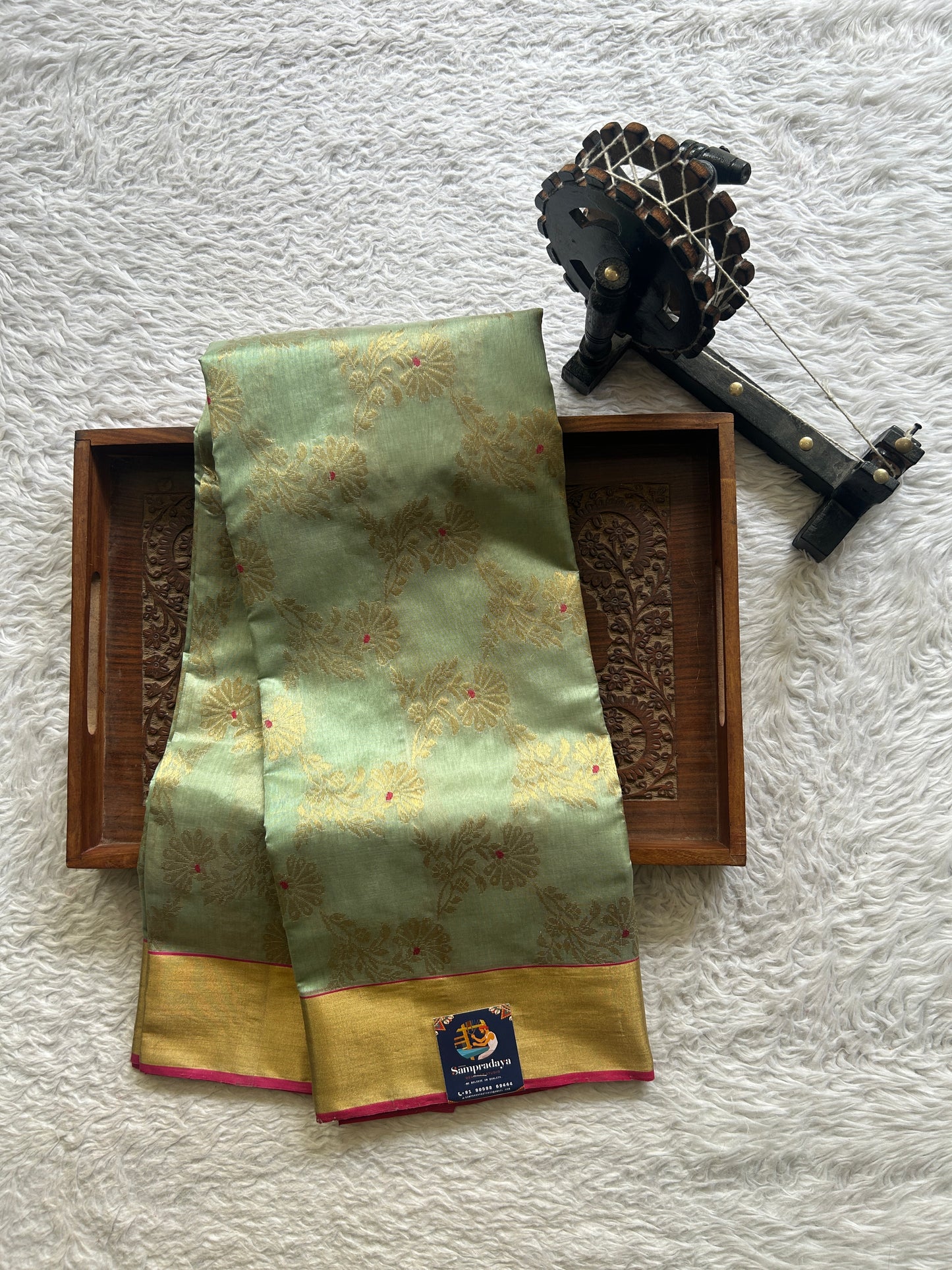 Chanderi Silk Saree Sea Green color Elegantly Paired with a Gold Zari border - Sampradaya Designer Studio