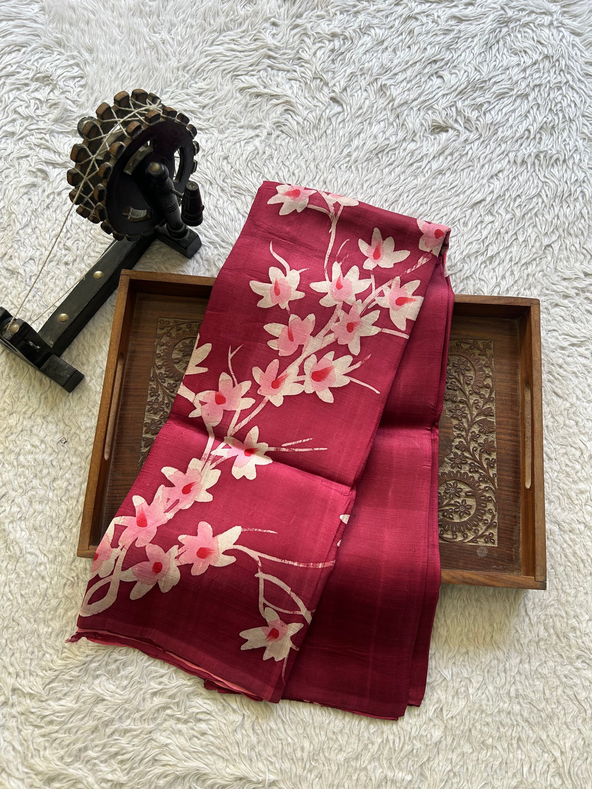 Wine Tussar Silk Saree featuring Hand-Painted Artisan Work  | Pure Handloom | Silk Mark Certified - Sampradaya Designer Studio