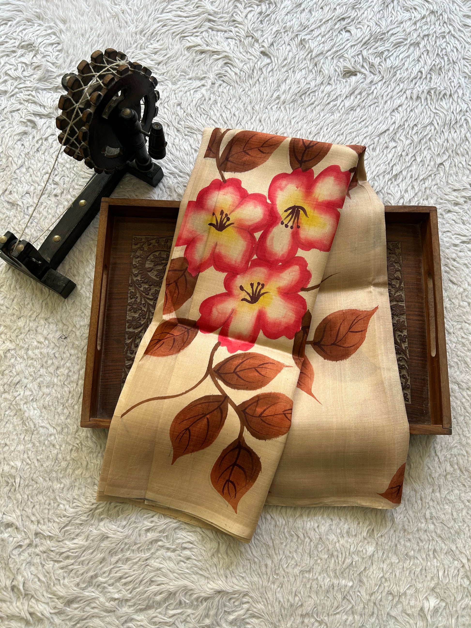 Beige Tussar Silk Saree featuring Hand-Painted Artisan Work  | Pure Handloom | Silk Mark Certified - Sampradaya Designer Studio