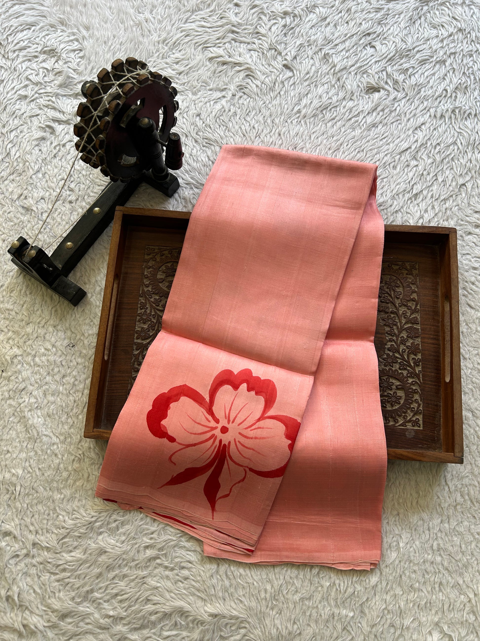Peach Pink Tussar Silk Saree featuring Hand-Painted Artisan Work  | Pure Handloom | Silk Mark Certified - Sampradaya Designer Studio