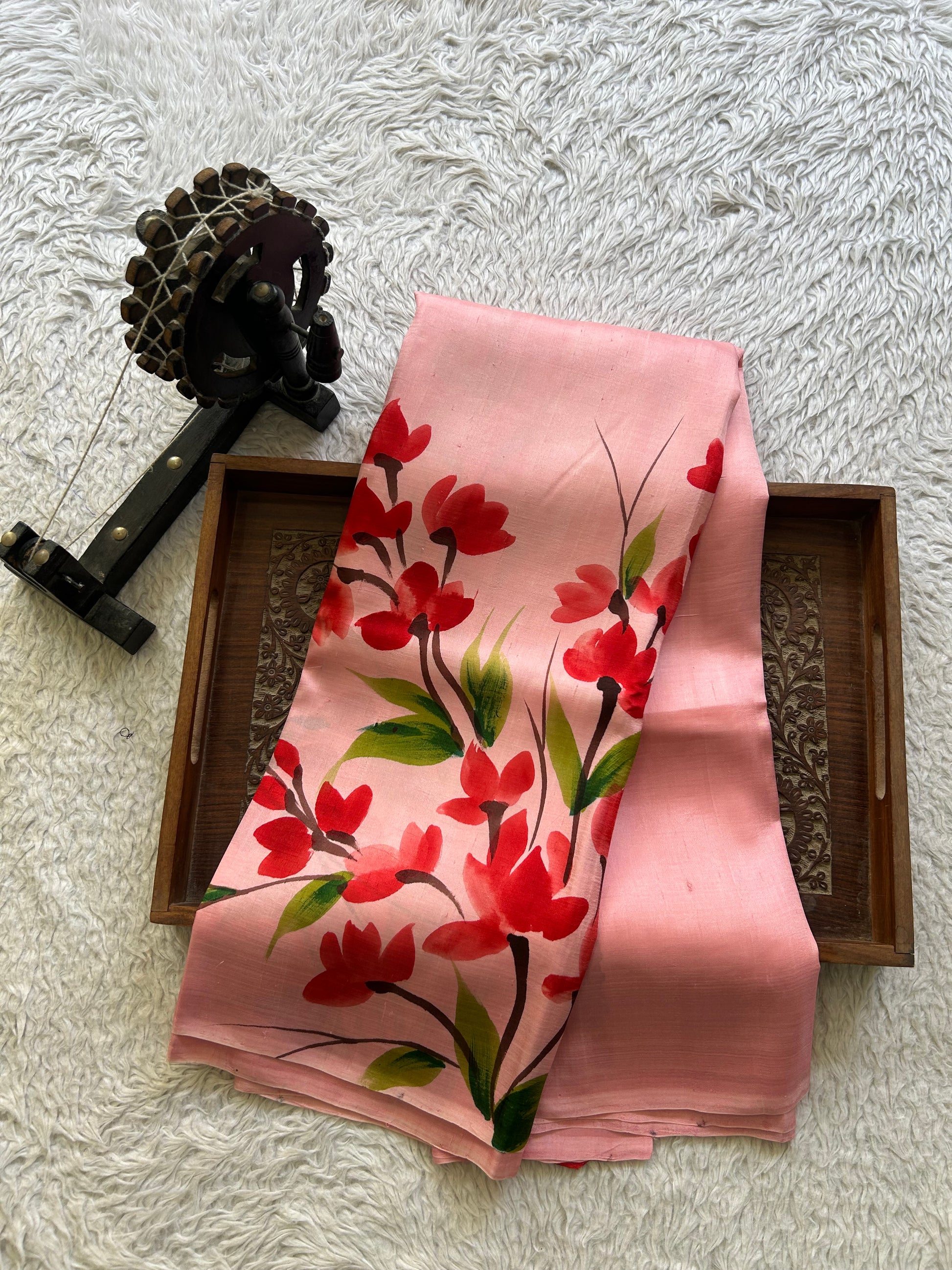 Baby Pink Tussar Silk Saree featuring Hand-Painted Artisan Work  | Pure Handloom | Silk Mark Certified - Sampradaya Designer Studio
