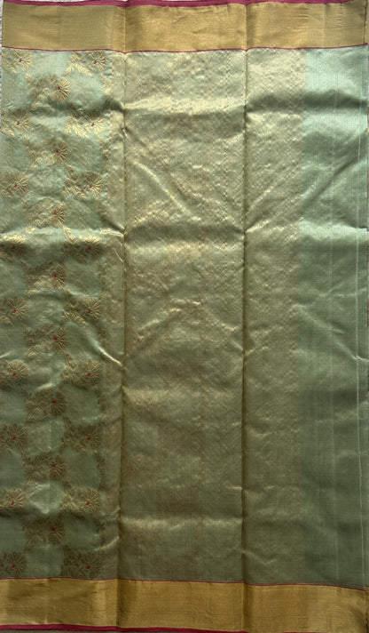 Chanderi Silk Saree Sea Green color Elegantly Paired with a Gold Zari border - Sampradaya Designer Studio