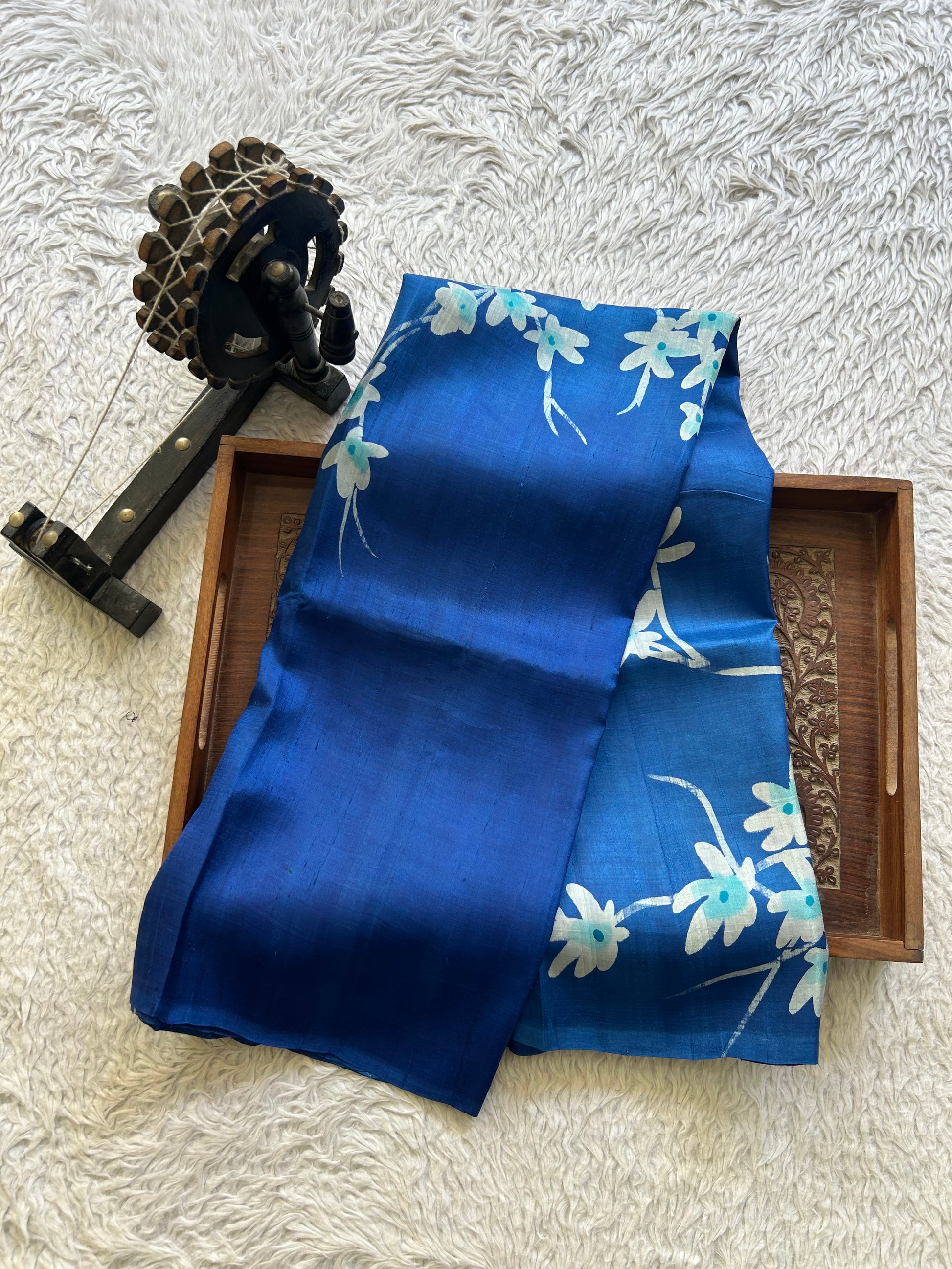 Blue Tussar Silk Saree featuring Hand-Painted Artisan Work  | Pure Handloom | Silk Mark Certified - Sampradaya Designer Studio
