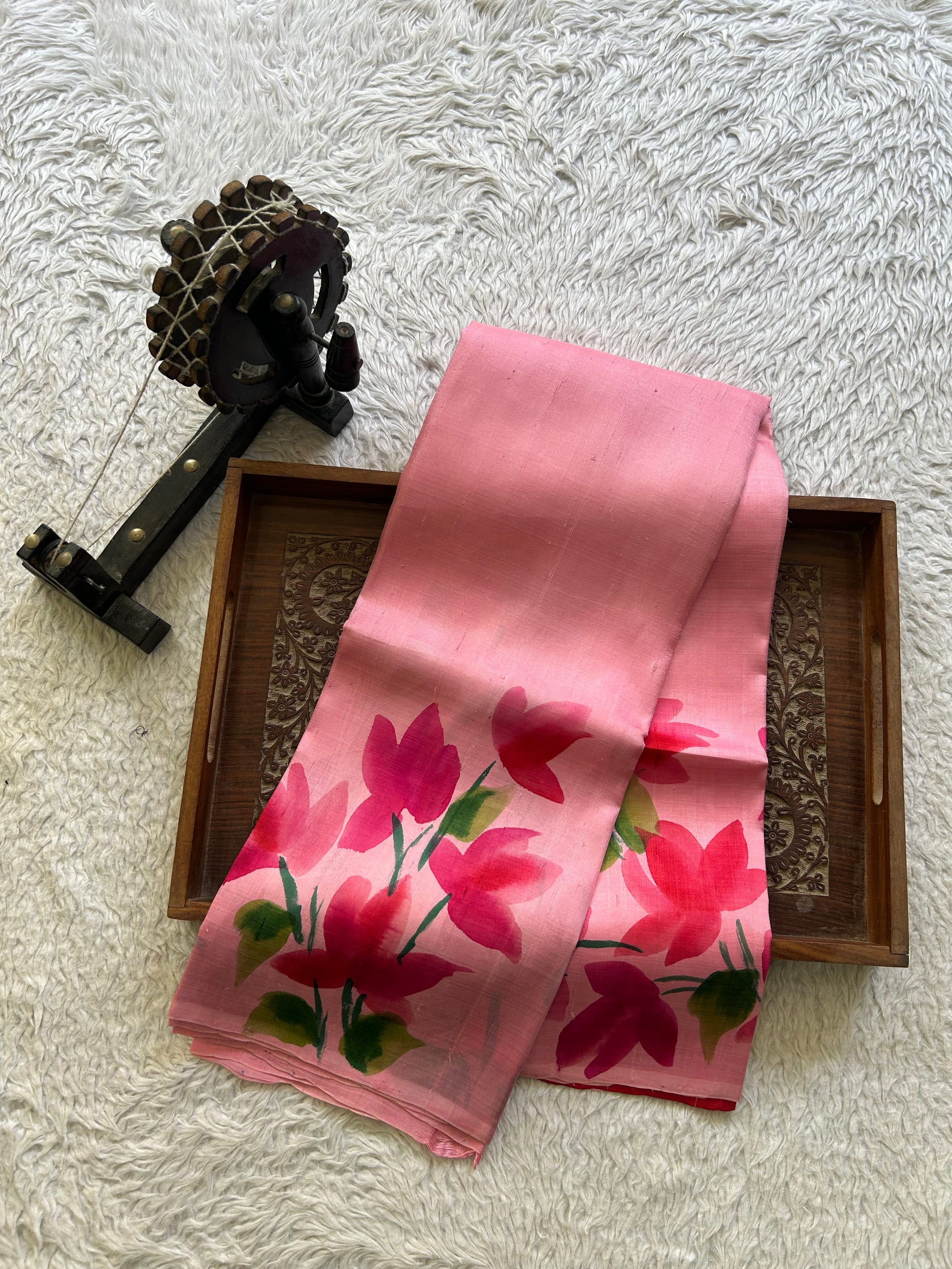 Baby Pink Tussar Silk Saree featuring Hand-Painted Artisan Work  | Pure Handloom | Silk Mark Certified - Sampradaya Designer Studio