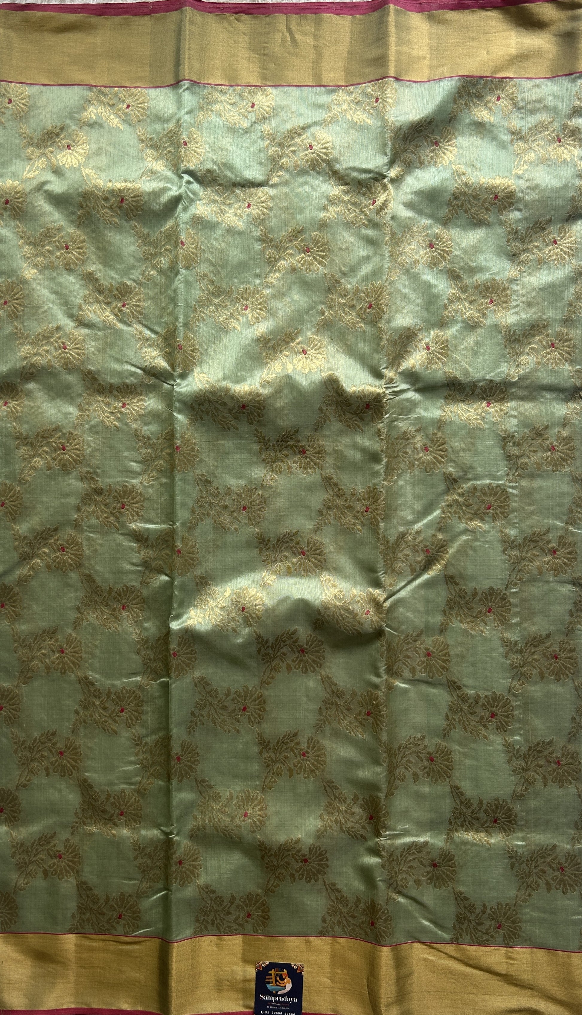 Chanderi Silk Saree Sea Green color Elegantly Paired with a Gold Zari border - Sampradaya Designer Studio