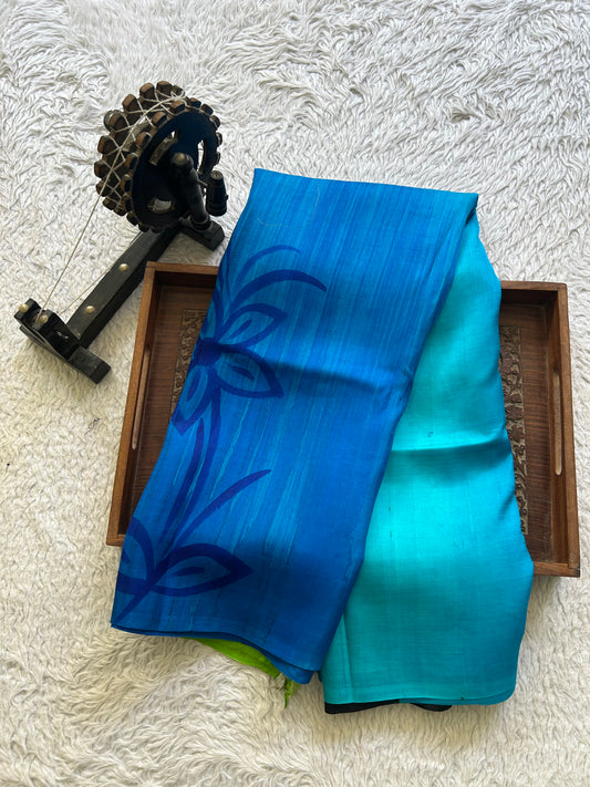 Blue Tussar Silk Saree featuring Hand-Painted Artisan Work  | Pure Handloom | Silk Mark Certified