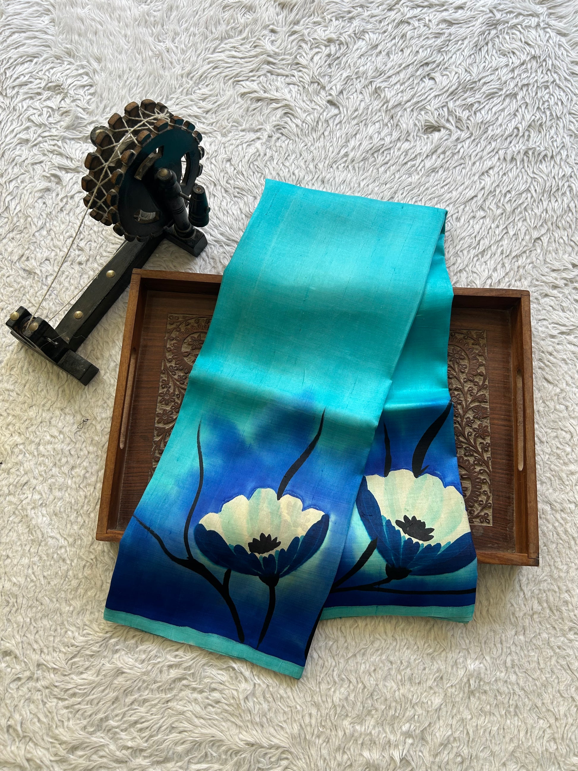 Blue Tussar Silk Saree featuring Hand-Painted Artisan Work  | Pure Handloom | Silk Mark Certified - Sampradaya Designer Studio