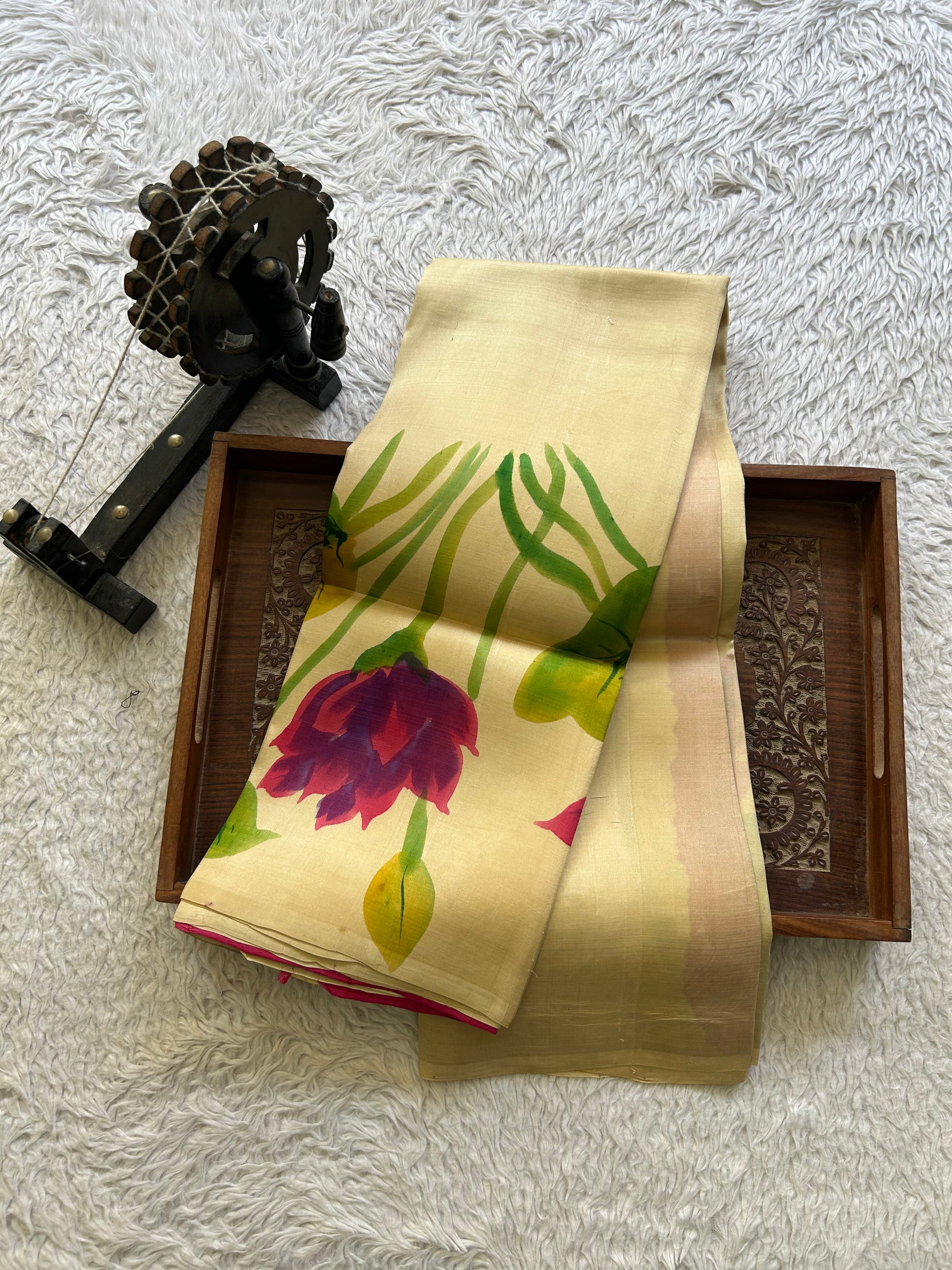 Cream Tussar Silk Saree featuring Hand-Painted Artisan Work  | Pure Handloom | Silk Mark Certified - Sampradaya Designer Studio