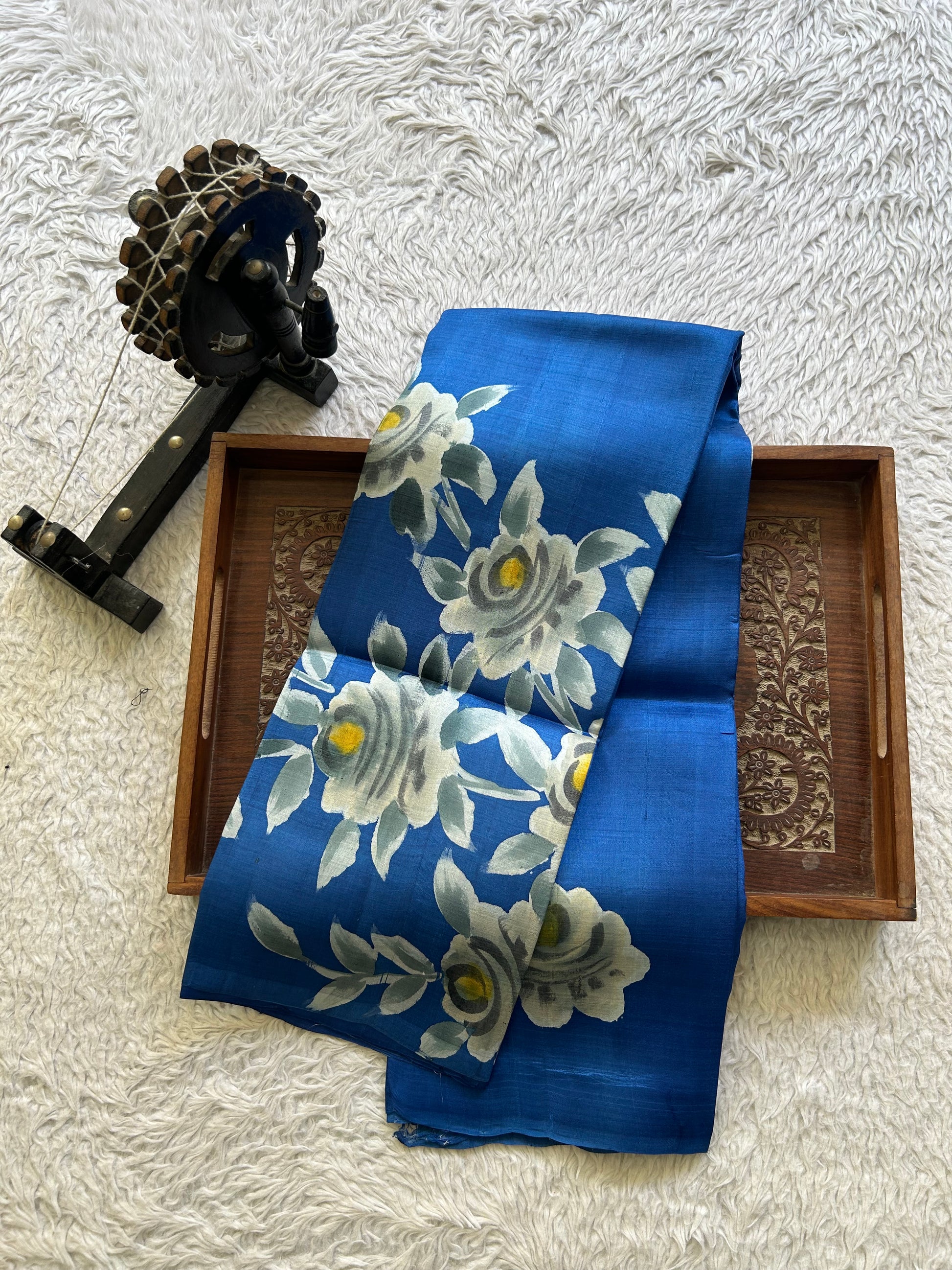 Blue Tussar Silk Saree featuring Hand-Painted Artisan Work  | Pure Handloom | Silk Mark Certified - Sampradaya Designer Studio
