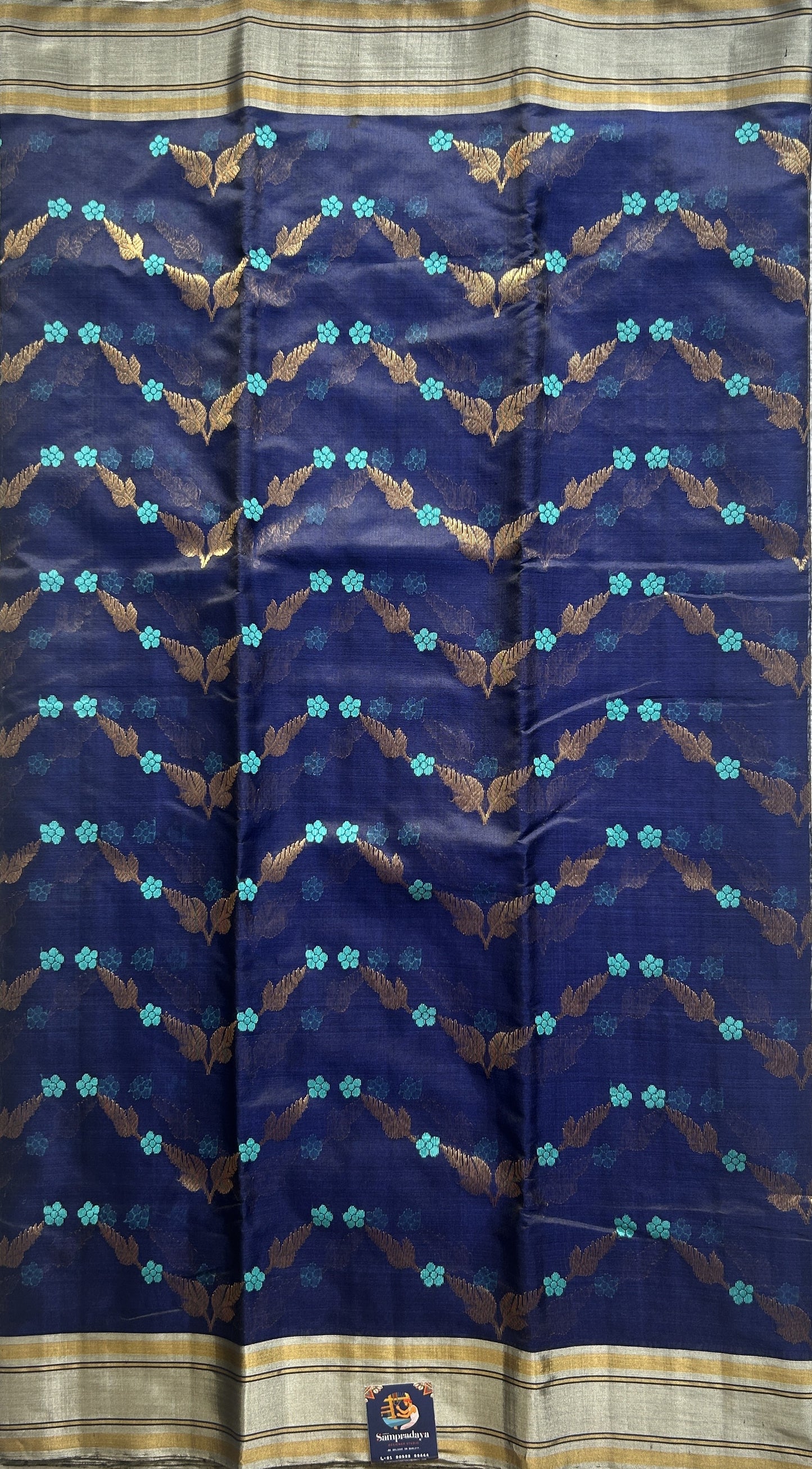 Chanderi Silk Saree Navy Blue colored Elegantly Paired with a Gap border - Sampradaya Designer Studio