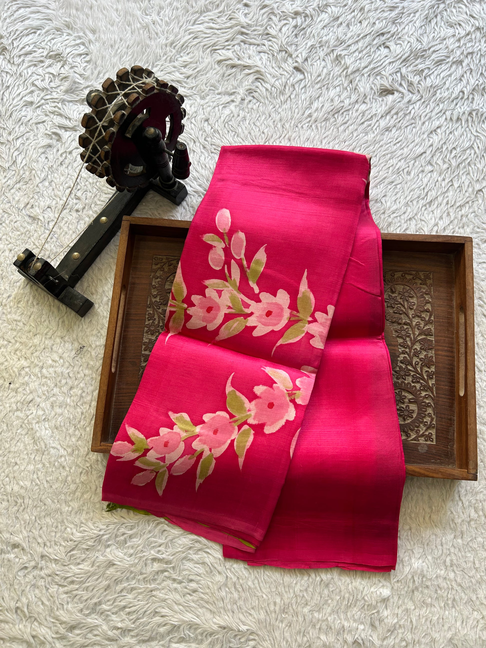 Pink Tussar Silk Saree featuring Hand-Painted Artisan Work  | Pure Handloom | Silk Mark Certified - Sampradaya Designer Studio