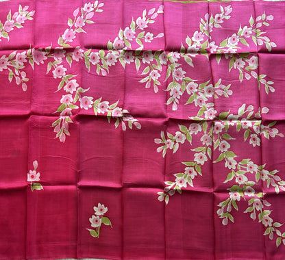 Pink Tussar Silk Saree featuring Hand-Painted Artisan Work  | Pure Handloom | Silk Mark Certified